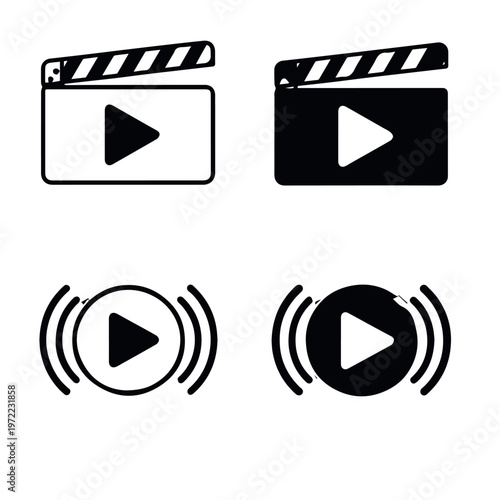 Black silhouette icons of clapperboards and play buttons with streaming waves representing multimedia playback