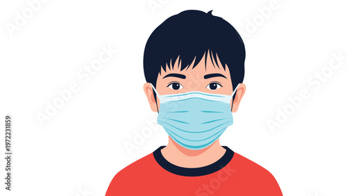 Young boy with short dark hair and a red shirt looks forward while wearing a light blue surgical face mask for health protection.
