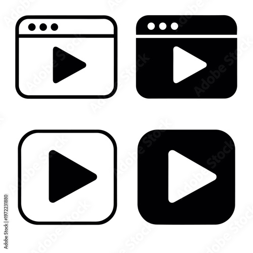 Black silhouette icons of browser windows and square play buttons in outline and filled styles representing media playback