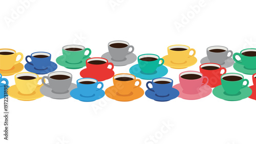 Long horizontal border shows many different colored coffee cups and saucers filled with black coffee against a white background.