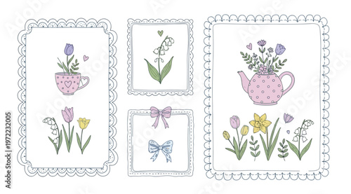 Set of cute spring flowers in teacup and teapot with bows and frames
