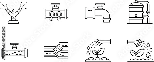Vector Icons Set of Water Pipes, Sprinklers, Valves, and Irrigation Systems for Gardening, Agriculture, and Water Management Design Projects