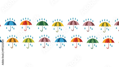 Horizontal border consists of two rows of colorful umbrellas in blue, orange, and green with blue raindrops falling over them.