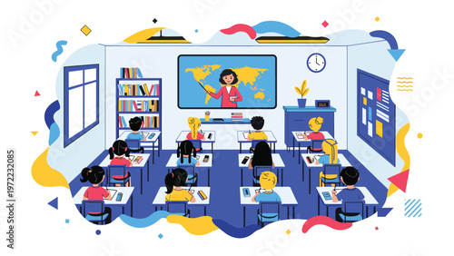 School classroom illustration featuring a professional female teacher at a world map whiteboard instructing diverse young students at their desks.