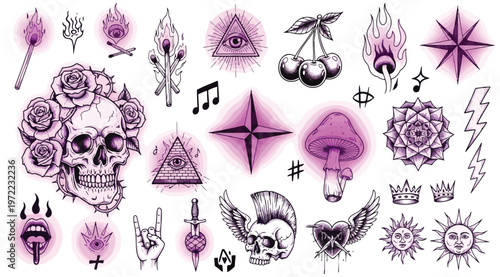 Set of various gothic and punk style tattoo flash elements