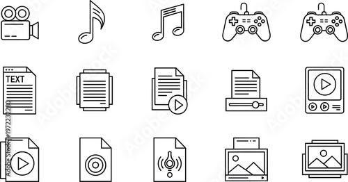 Vector Icons Set of Media Files, Including Audio, Video, Text, Images, and Gaming Controllers for Digital Content Design Projects
