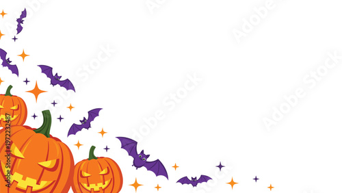 Halloween background featuring spooky jack-o-lantern pumpkins and flying bats on a white background, perfect for festive holiday designs and cards.