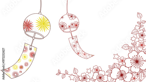 Traditional Japanese wind chimes decorated with floral patterns hanging next to delicate line-art flowers, creating a peaceful summer atmosphere.