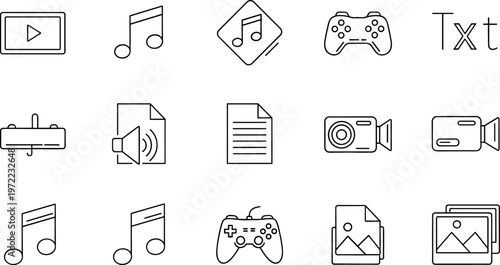 Vector Icons Set of Media Files Including Audio, Video, Music, Controllers, and Text for Digital Content Design Projects