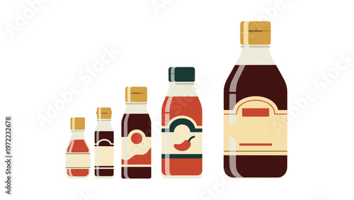Assorted condiment and sauce bottles in various sizes and colors arranged in a row, featuring ketchup, soy sauce, and other liquid flavorings.