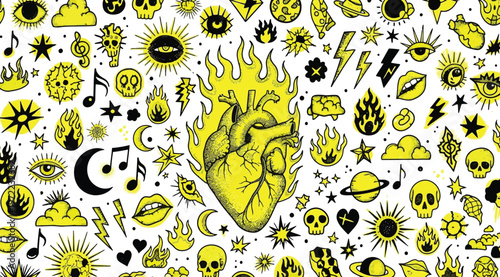 Anatomical yellow heart with flames surrounded by black and yellow mystical symbols including eyes, skulls, stars, moons, planets, and abstract designs, symbolizing emotion, energy, surreal cosmic con