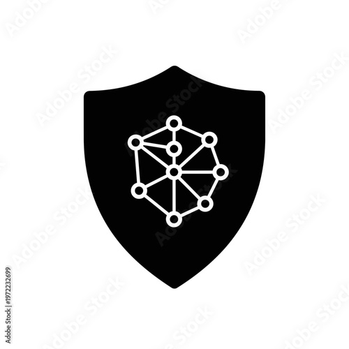 セキュリティとネットワークの保護を象徴する盾のアイコンに、複雑なネットワーク構造が描かれている。