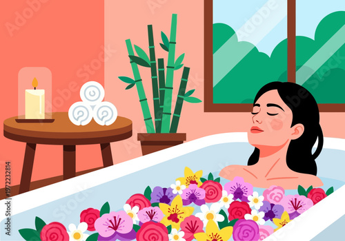 バスタブに浸かる女性が花とともにリラックスしている様子を描いたイラストです。