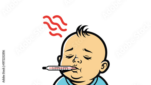 Illustration of a sick baby with a thermometer in its mouth looking feverish with red lines above its head, representing childhood illness care.