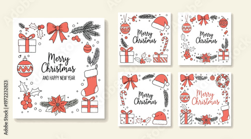 Set of christmas greeting cards with handdrawn holiday elements like gifts, ornaments, and stockings