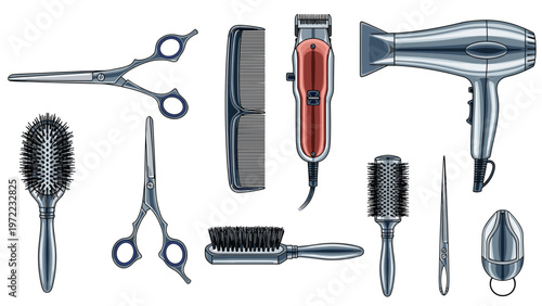 Detailed set of professional hairdressing tools including scissors, combs, brushes, hairdryer, and electric clipper for hair styling and grooming.