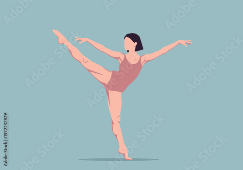 バレリーナが片足を高く上げてバランスをとる優雅なダンスポーズをとっている。