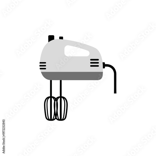 ハンドミキサーのイラストで、白とグレーのデザインが特徴的です。