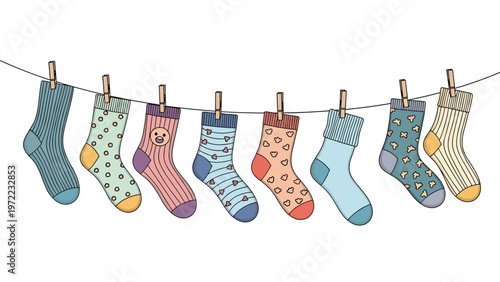 Whimsical illustration of several pairs of colorful patterned socks hanging with wooden pins on a thin laundry line against a plain white background.