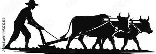 Farmers with ox work in field vector design 