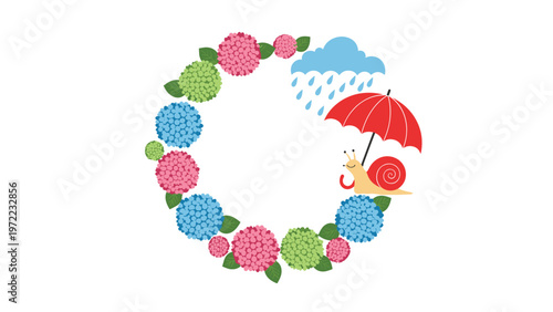 Decorative wreath made of pink, blue, and green hydrangeas featuring a cute snail holding a red umbrella under a rainy cloud for garden themes.