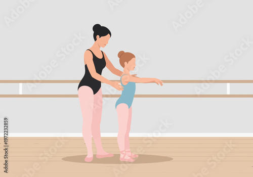 バレエの練習をする女性と子供のペアがバレエのスタジオで練習している様子。