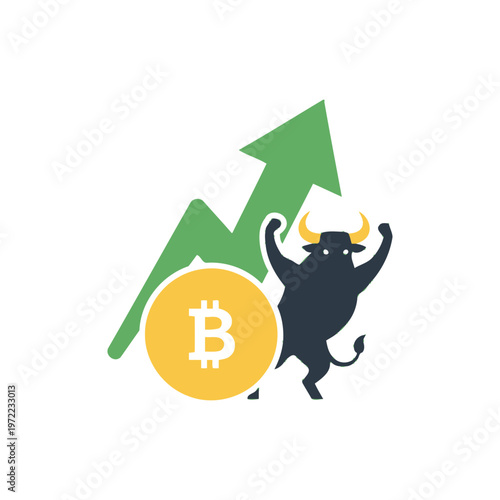 ビットコインのシンボルと上昇する矢印、角のある黒い牛のキャラクターが描かれているデジタルイラスト。