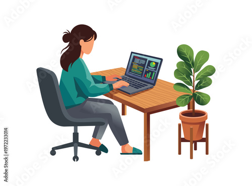 Woman working on laptop at desk, remote work concept