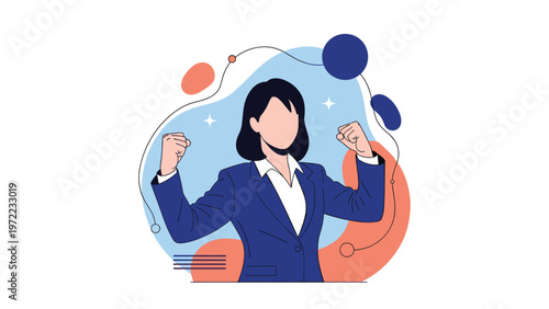Confident young businesswoman wearing a blue suit showing her strength and success with clenched fists, representing female empowerment at work.