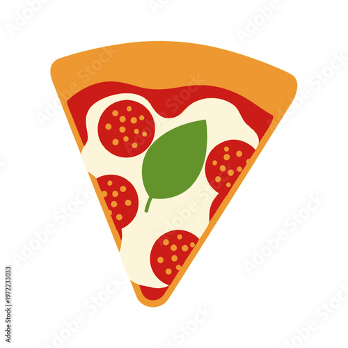 ピザの一切れで、トマト、チーズ、バジルの具材が見えるシンプルなイラストです。