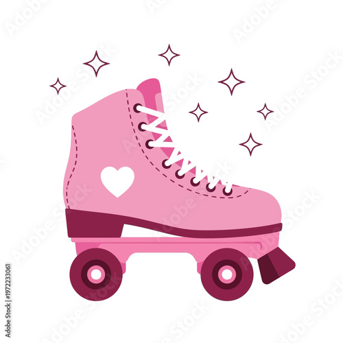 ピンク色のローラースケート靴で、ハートの模様と星の飾りが付いています。