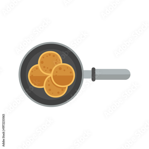 フライパンに入った丸いコロッケのイラスト。調理中の料理を表現しているシンプルなデザイン。