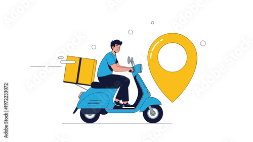 Fast delivery service concept featuring a man on a blue scooter carrying a large yellow box next to a giant map location pin icon on white ground.