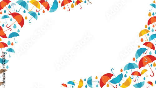 Playful border design made of colorful umbrellas and raindrops in blue, red, and yellow, perfect for weather-themed backgrounds or rainy season.