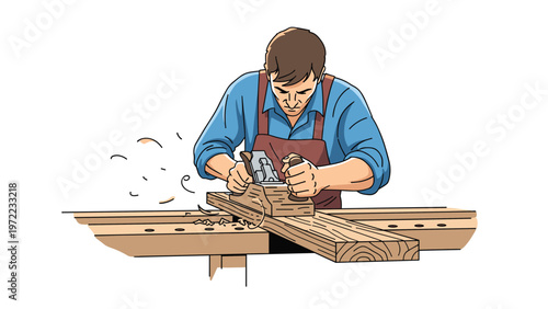 Professional carpenter using a traditional wooden hand plane to smooth a long timber plank on his workbench with many wood shavings flying around.