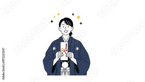 Smiling man in a traditional Japanese kimono holding a white envelope for New Year money, representing the cultural tradition known as otoshidama.