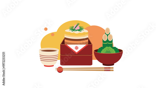 Traditional Japanese New Year meal set featuring mochi cake, bamboo decorations, and a cup of tea for celebrating the holiday in a classic way.