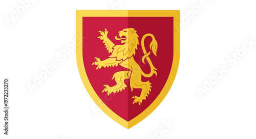 ライオンのシンボルが描かれた赤と金の盾のエンブレム。