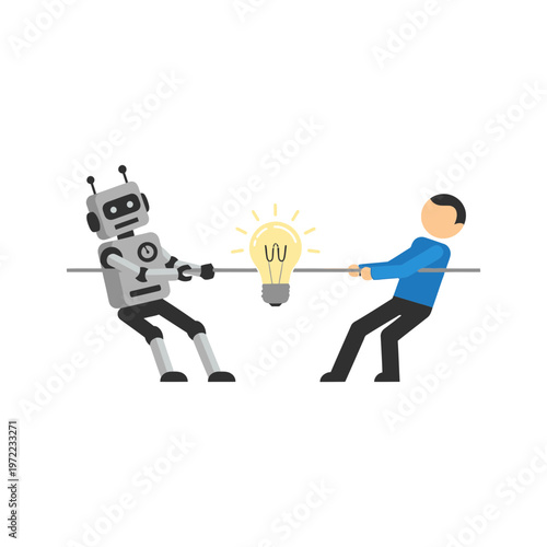 ロボットと人間がロープを引き合い、中央に電球のアイデアが光っているシンプルなイラスト。