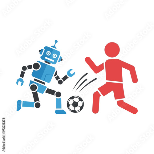 ロボットと人間がサッカーをしている様子を描いたイラスト。