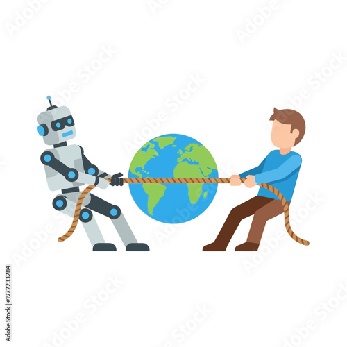 ロボットと人間が地球を引っ張り合う様子を描いたイラスト。
