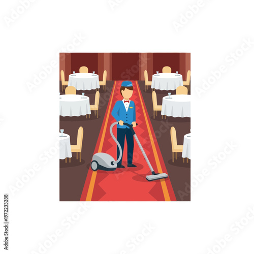 レストランのスタッフがカーペットを掃除している様子。テーブルと椅子が並ぶ店内の風景。