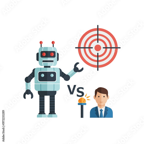 ロボットと人間が対決するシーンで、ロボットがターゲットを指し示している。