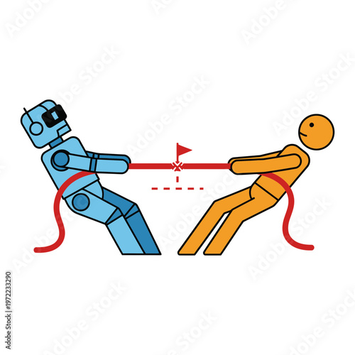 ロボットと人間が綱引きをしているシンプルなイラスト。