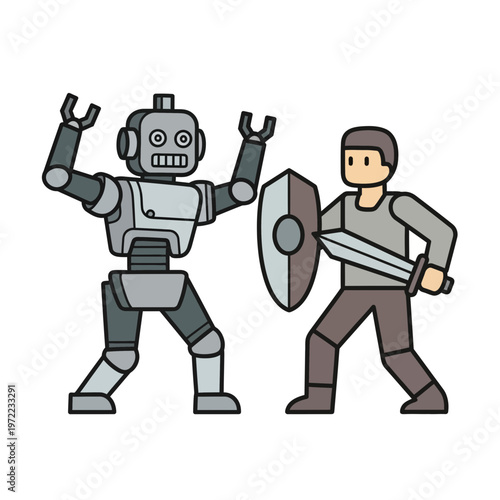 ロボットと人間が戦闘姿勢で対峙しているイラスト。両者が武器を持ち、対決の瞬間を表現している。