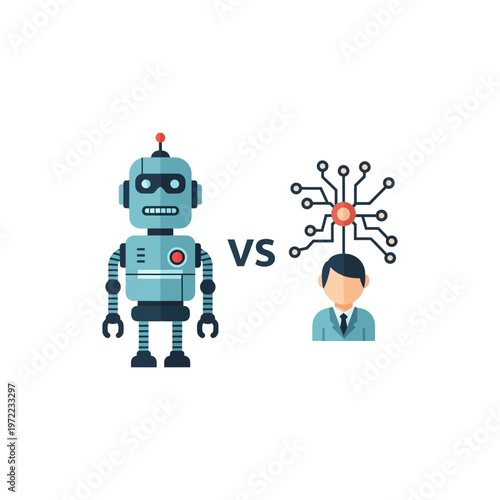 ロボットと人間の頭脳を模した人工知能のイラスト、対比を示すデザイン。