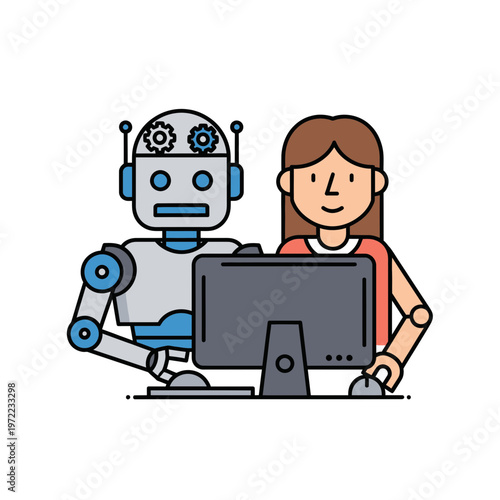 ロボットと女性がコンピュータの前で一緒に作業している様子を描いたイラストです。