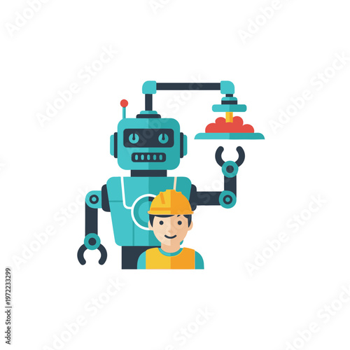 ロボットと作業員が協力して作業を行っている様子を描いたイラストです。