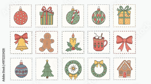 Festive grid of sixteen Christmas icons including ornaments, gifts, wreaths, bells, gingerbread cookies, candle, mug, tree, and gingerbread house, designed as decorative stickers or labels in colorful