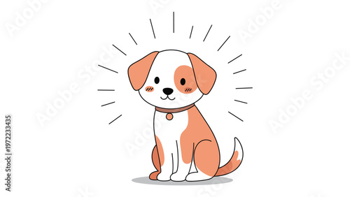 Adorable cartoon puppy with brown spots sitting and smiling with glowing lines around it, representing a happy and friendly pet for kids content.